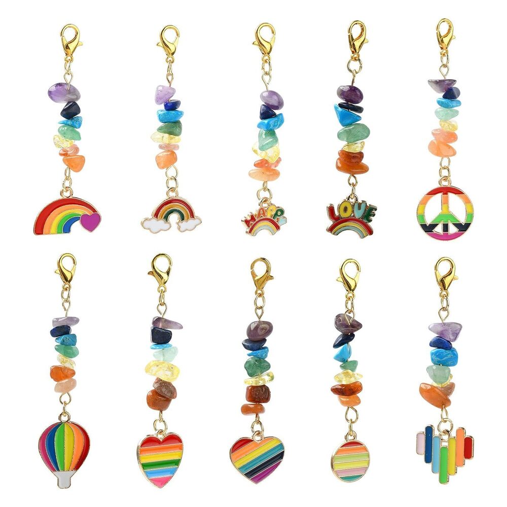 1142 10 pcs 10 Styles Gemstone Chips Pendants Enamel Heart Rainbow Peace